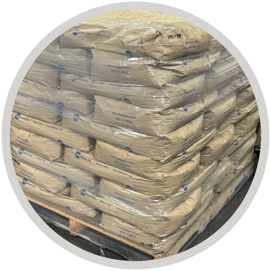 Shrink-wrapped pallet of finished 50 lb bags ready to ship